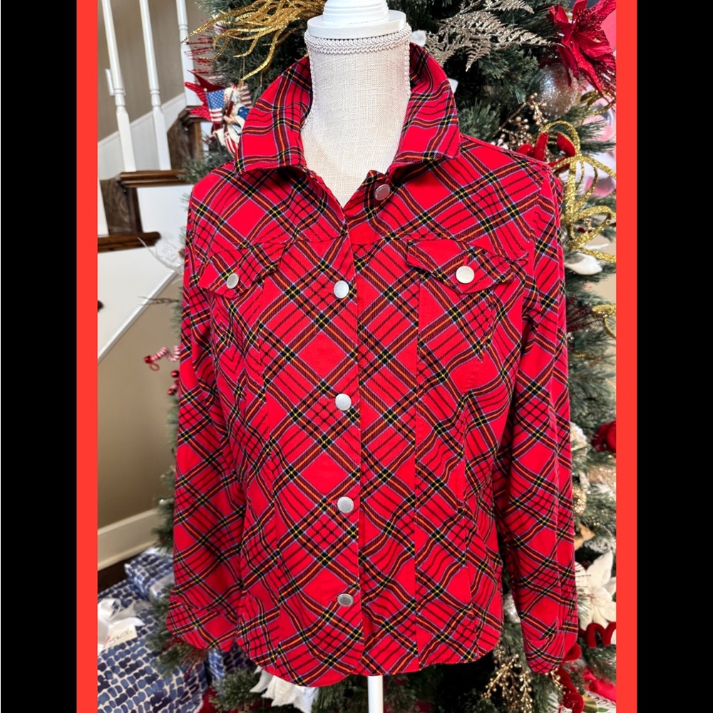 🌲Red Plaid Stretch Denim Button-Up Jacket W/Front & Side Pockets ~ Sz M